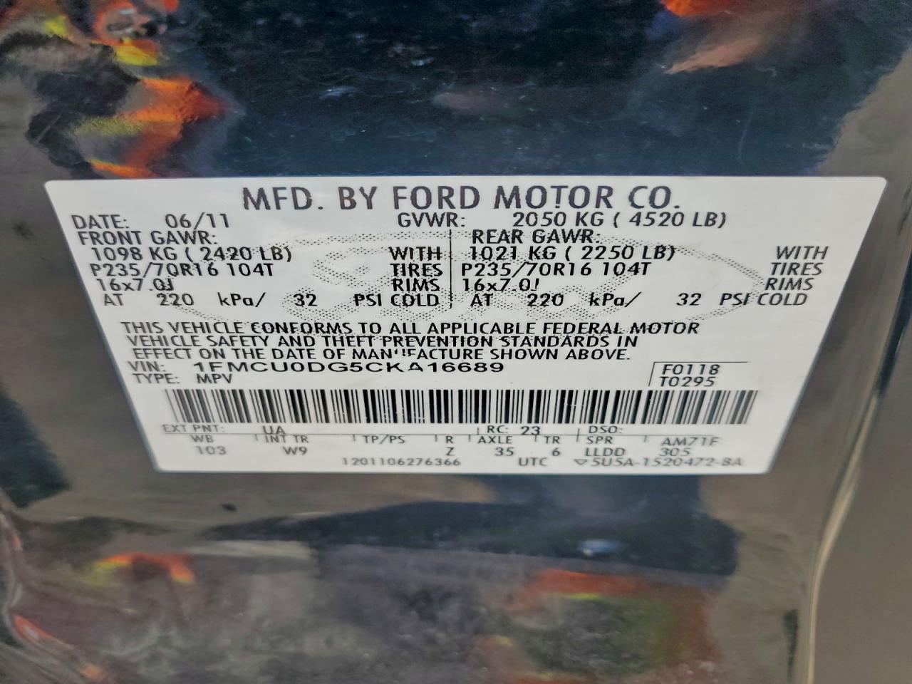 2012 Ford Escape Xlt VIN: 1FMCU0DG5CKA16689 Lot: 94731125