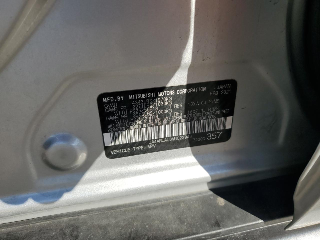 2021 Mitsubishi Outlander Sport Es VIN: JA4ARUAU3MU022943 Lot: 91131975