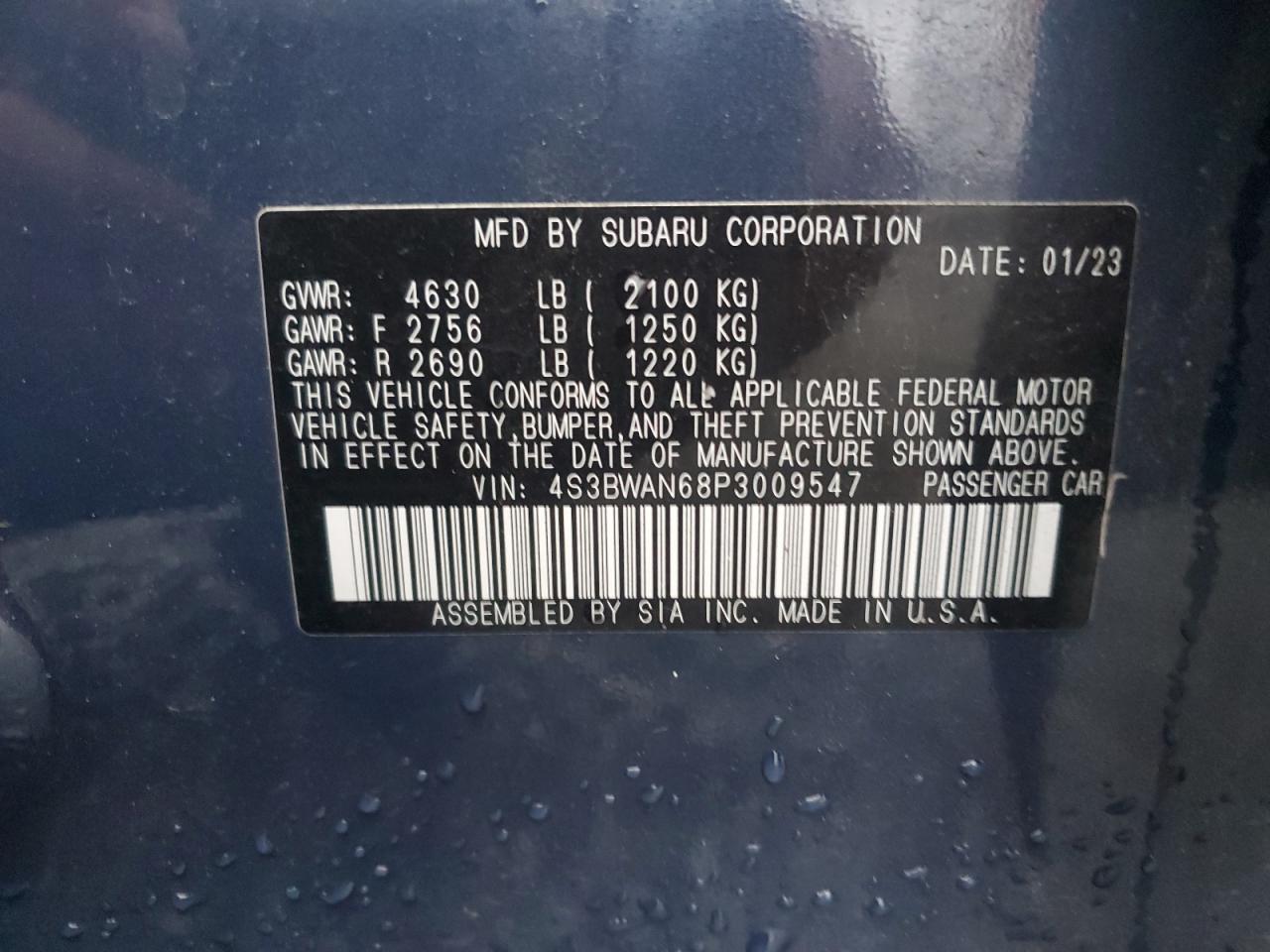 2023 Subaru Legacy Limited VIN: 4S3BWAN68P3009547 Lot: 92926555