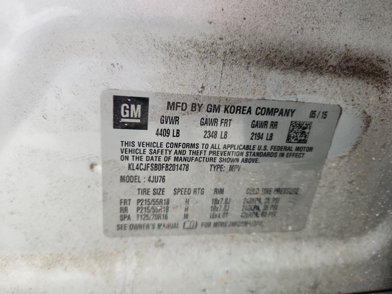 2015 Buick Encore Convenience VIN: KL4CJFSB0FB201478 Lot: 90752235