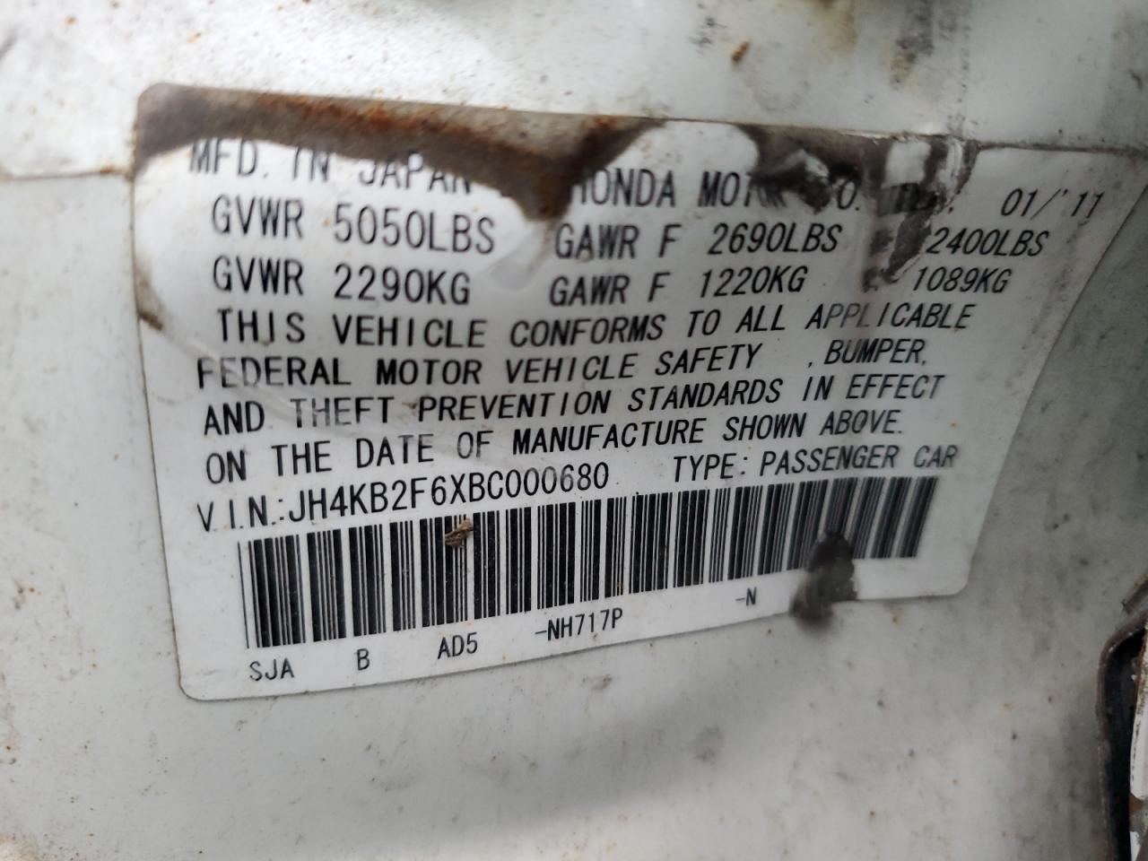 2011 Acura Rl VIN: JH4KB2F6XBC000680 Lot: 94098335