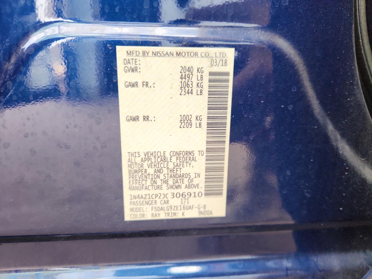 2018 Nissan Leaf S VIN: 1N4AZ1CP2JC306910 Lot: 93064735