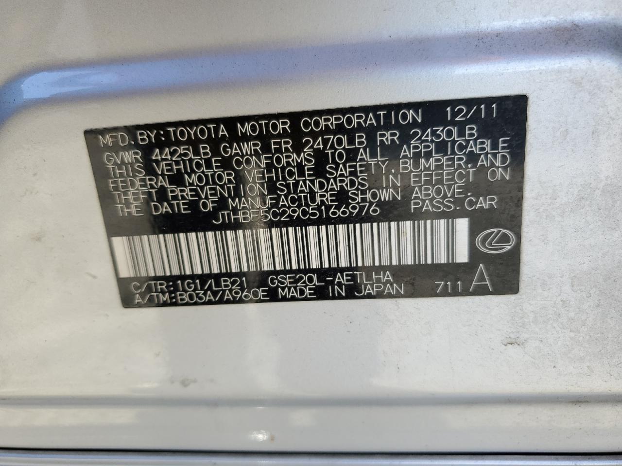 2012 Lexus Is 250 VIN: JTHBF5C29C5166976 Lot: 91265525