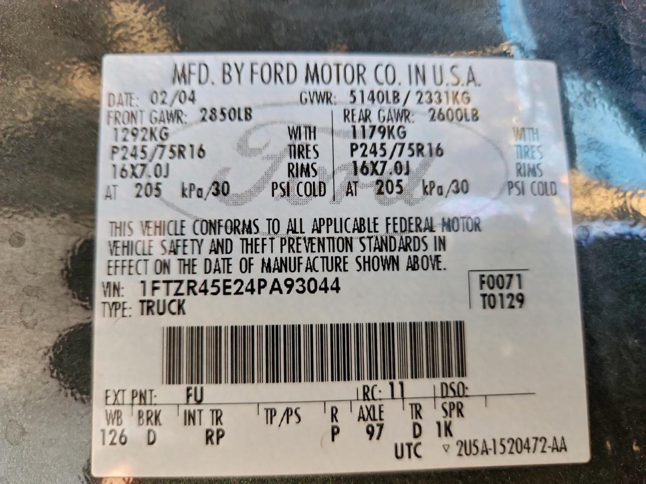 2004 Ford Ranger Super Cab VIN: 1FTZR45E24PA93044 Lot: 93949475