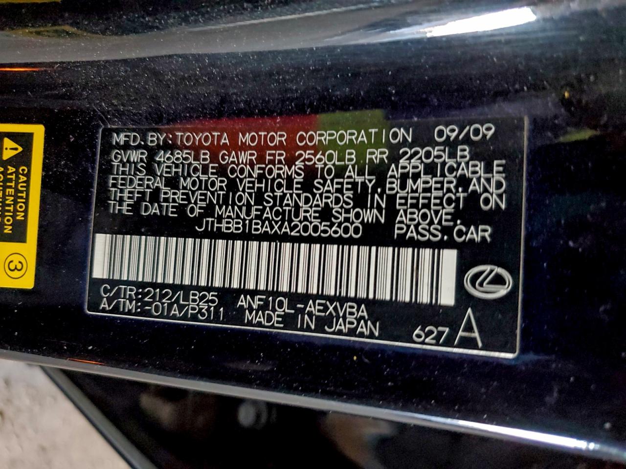 2010 Lexus Hs 250H VIN: JTHBB1BAXA2005600 Lot: 94568775