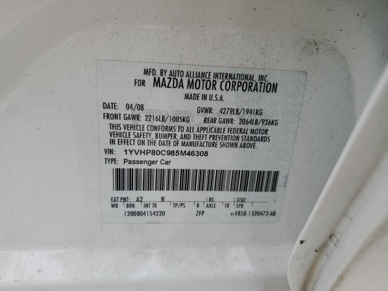 2008 Mazda 6 I VIN: 1YVHP80C985M46308 Lot: 92426655