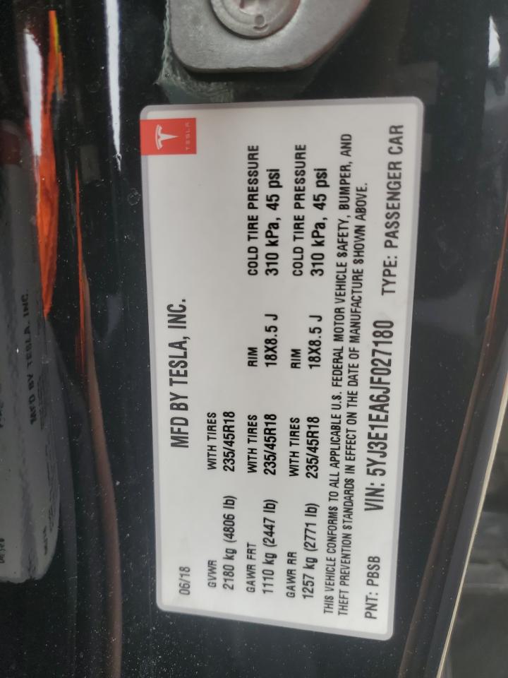 2018 Tesla Model 3 VIN: 5YJ3E1EA6JF027180 Lot: 91688445
