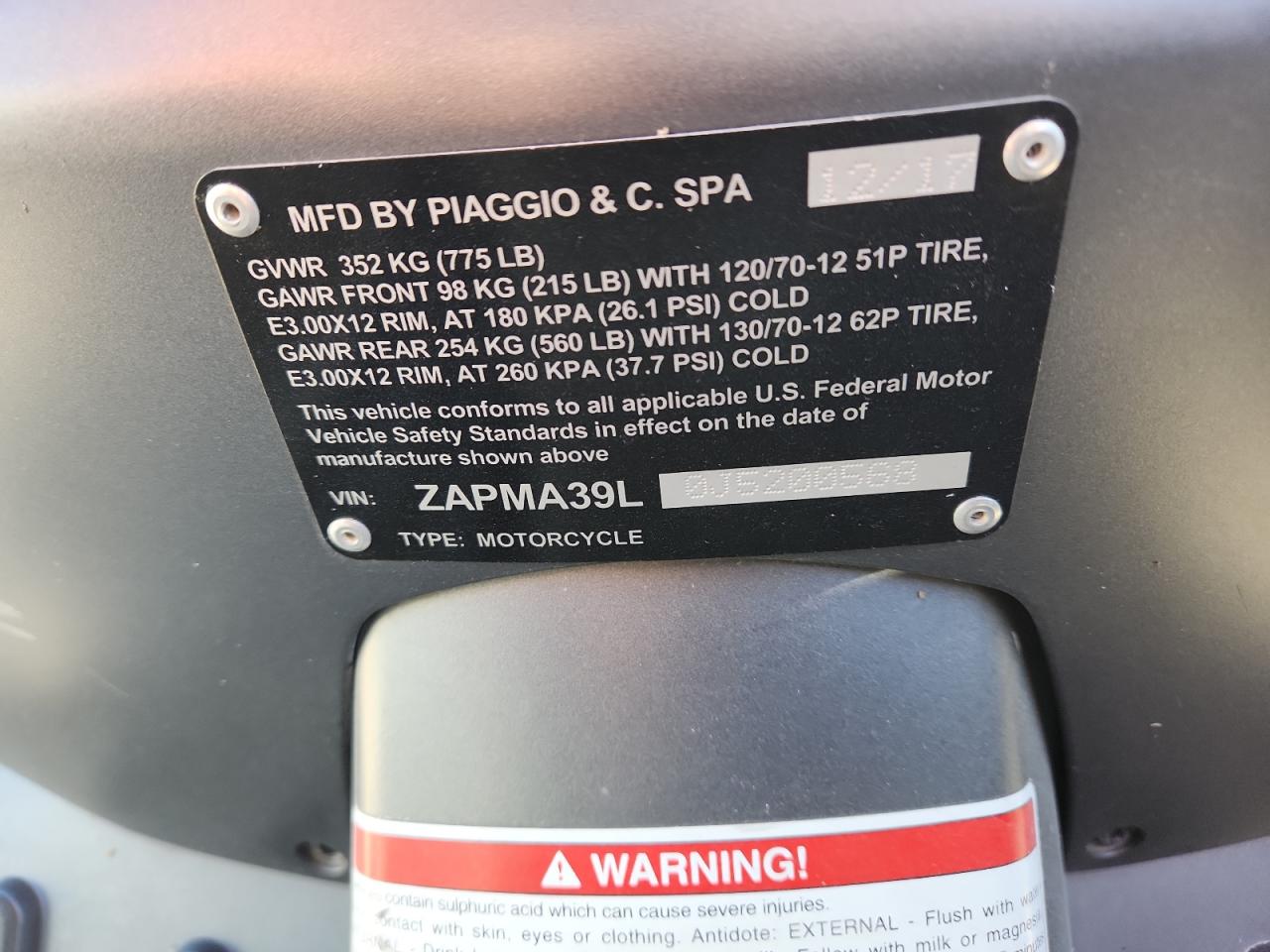 2018 Vespa Gts 300 VIN: ZAPMA39L0J5200568 Lot: 92032455