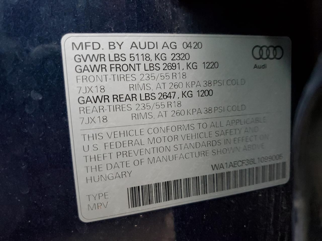 2020 Audi Q3 Premium VIN: WA1AECF36L1099005 Lot: 93139525