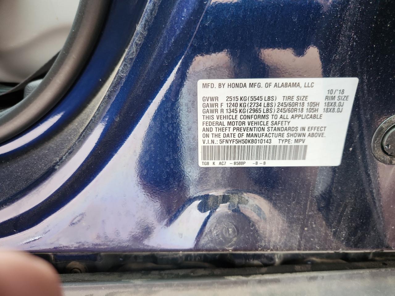 2019 Honda Pilot Exl VIN: 5FNYF5H50KB010143 Lot: 93414915