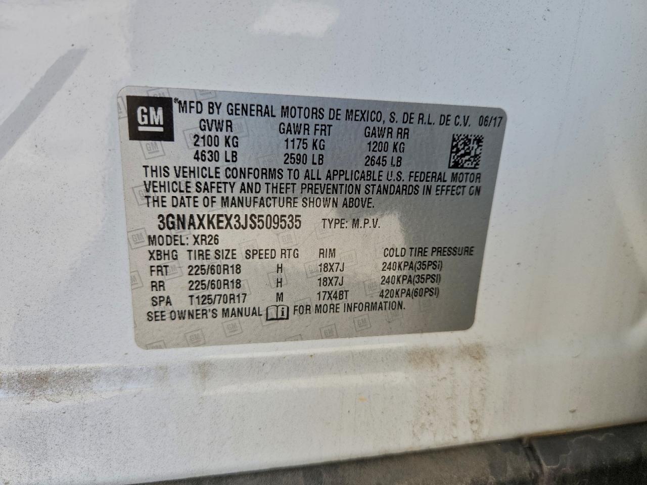 2018 Chevrolet Equinox Lt VIN: 3GNAXKEX3JS509535 Lot: 94469015