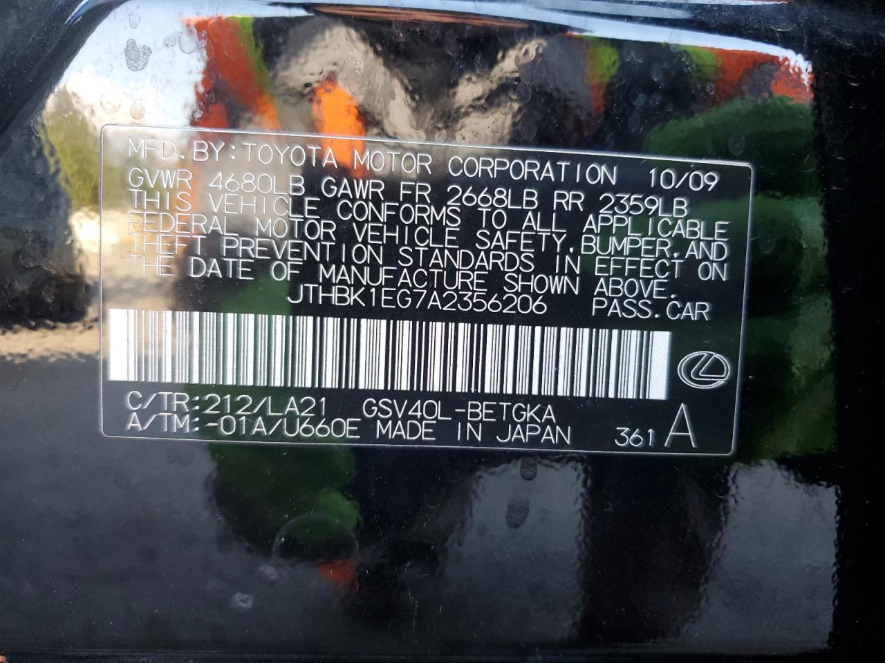 2010 Lexus Es 350 VIN: JTHBK1EG7A2356206 Lot: 93334025