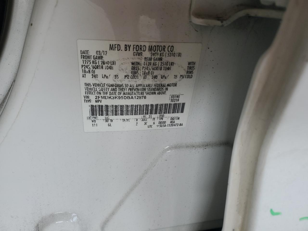 2013 Ford Edge Limited VIN: 2FMDK3K95DBA12976 Lot: 91222565