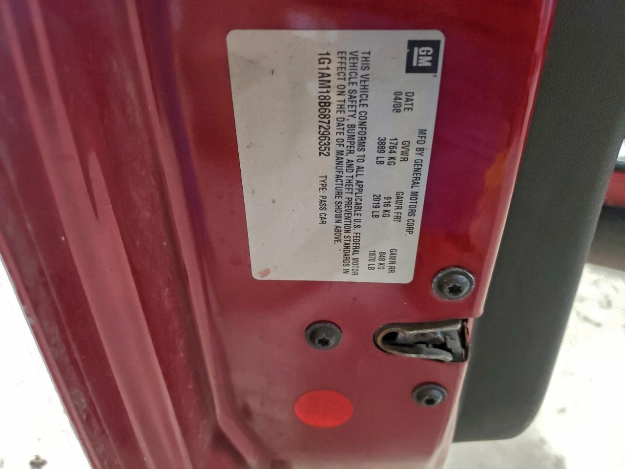 2008 Chevrolet Cobalt Sport VIN: 1G1AM18B687296352 Lot: 93511365