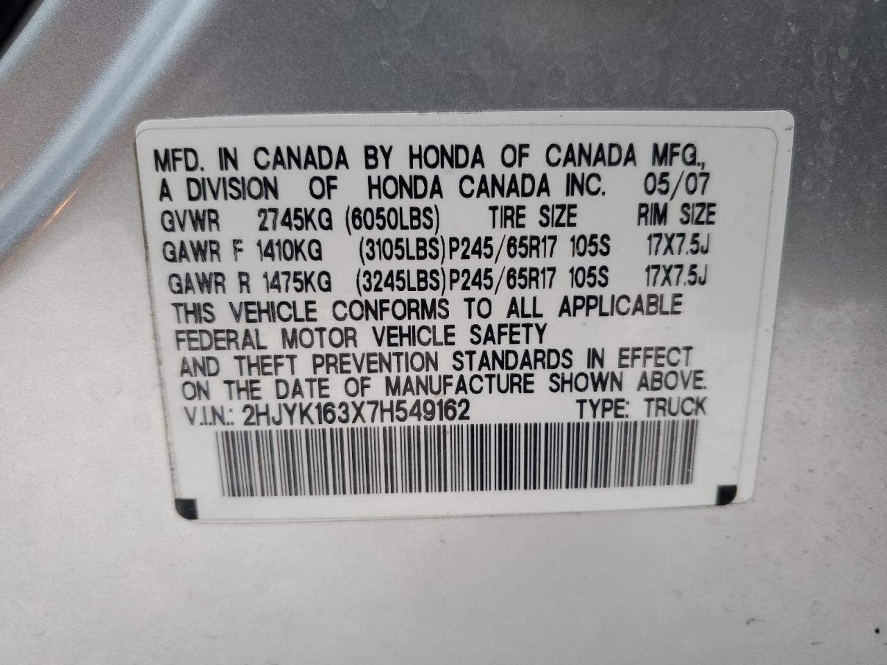 2007 Honda Ridgeline Rtx VIN: 2HJYK163X7H549162 Lot: 93692575