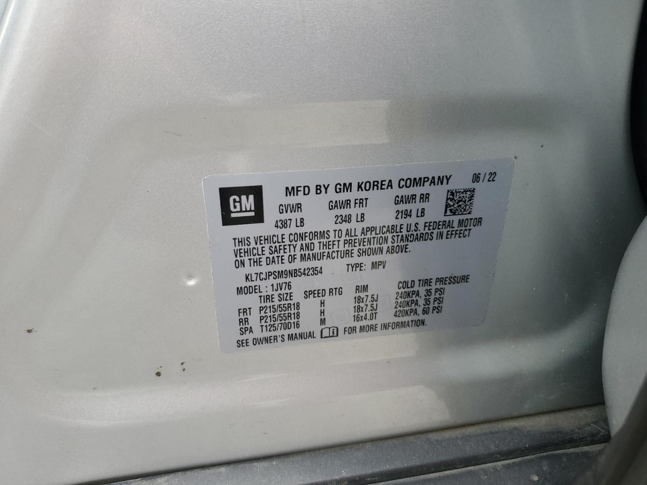 2022 Chevrolet Trax 1Lt VIN: KL7CJPSM9NB542354 Lot: 92572435