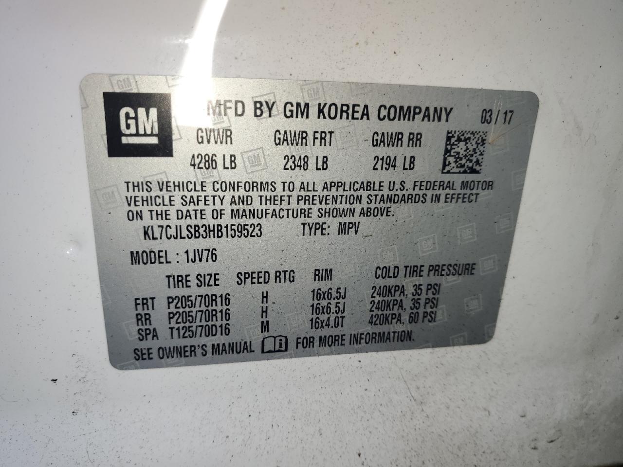 2017 Chevrolet Trax 1Lt VIN: KL7CJLSB3HB159523 Lot: 92944105