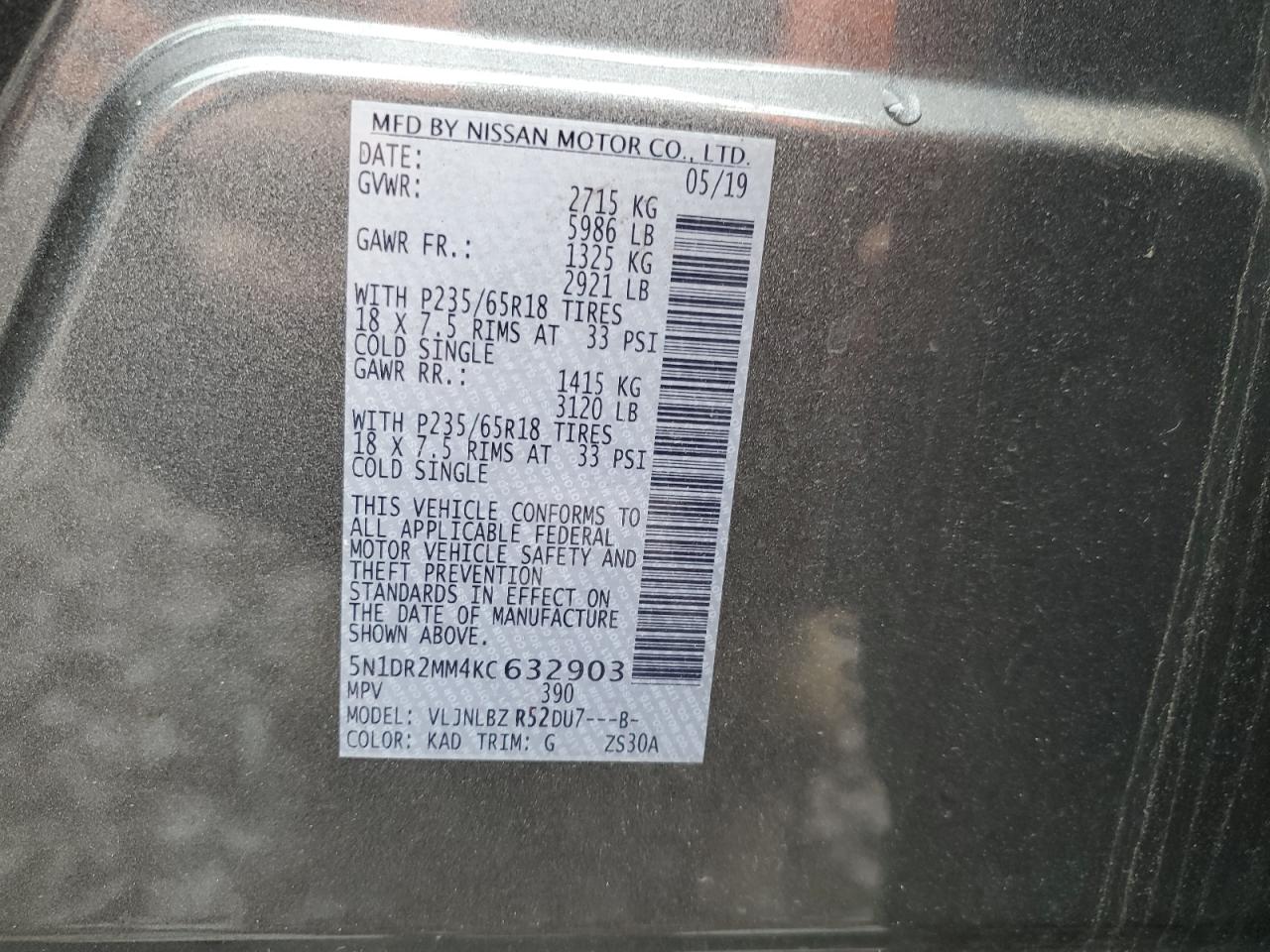 2019 Nissan Pathfinder S VIN: 5N1DR2MM4KC632903 Lot: 92364495