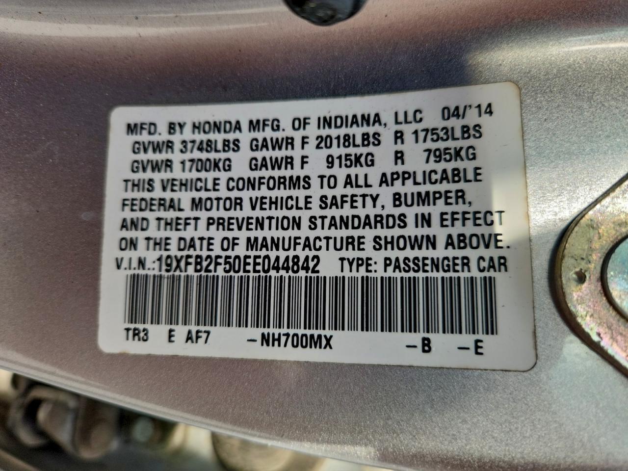 2014 Honda Civic Lx VIN: 19XFB2F50EE044842 Lot: 94247075