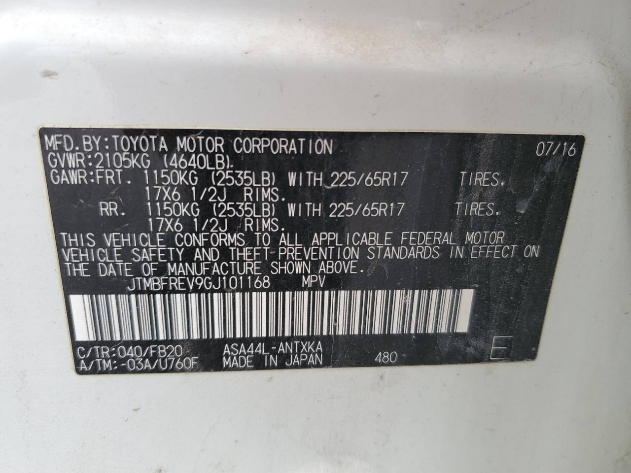 2016 Toyota Rav4 Le VIN: JTMBFREV9GJ101168 Lot: 92067605