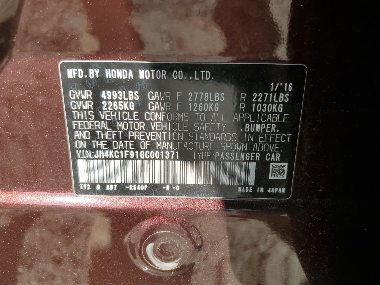 2016 Acura Rlx Advance VIN: JH4KC1F91GC001371 Lot: 90887655