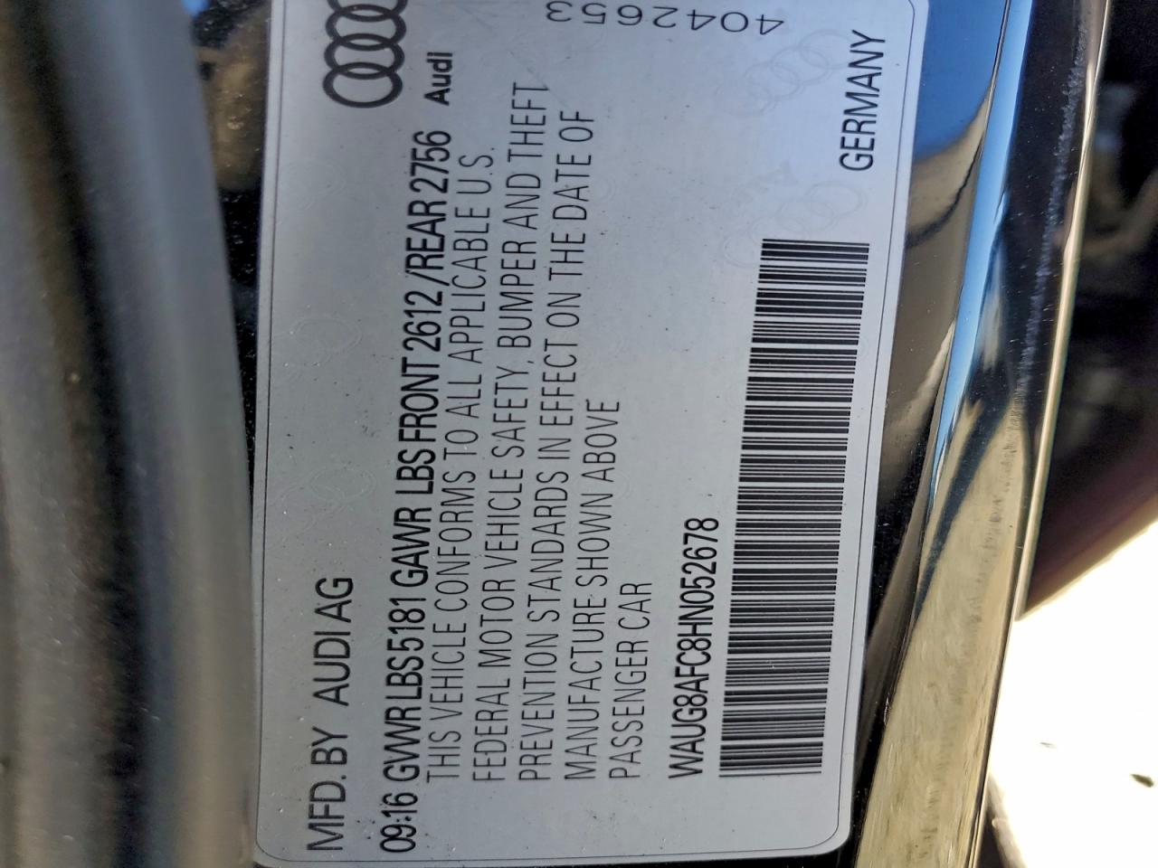 2017 Audi A6 Premium Plus VIN: WAUG8AFC8HN052678 Lot: 93905165