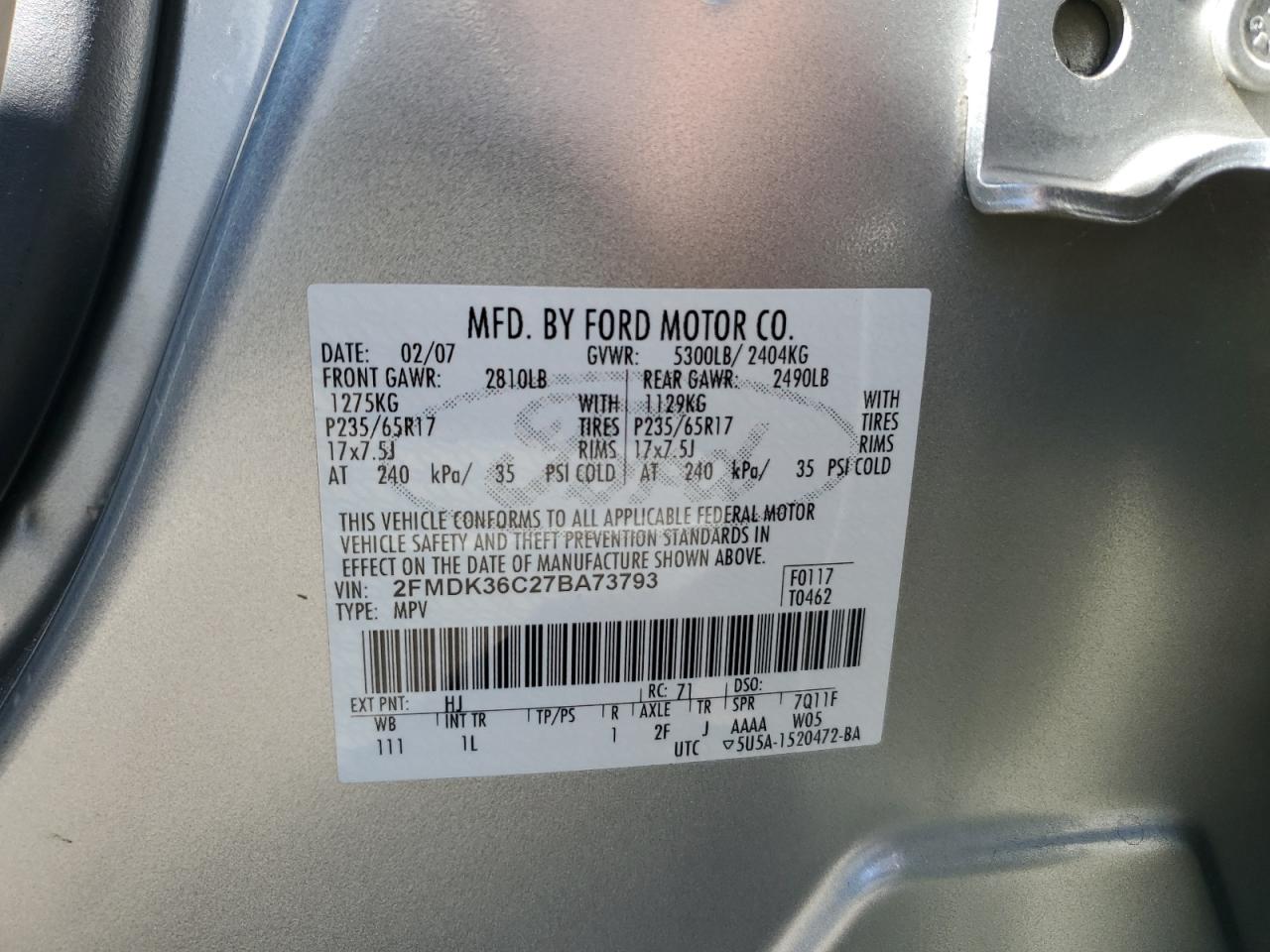 2007 Ford Edge Se VIN: 2FMDK36C27BA73793 Lot: 92015765