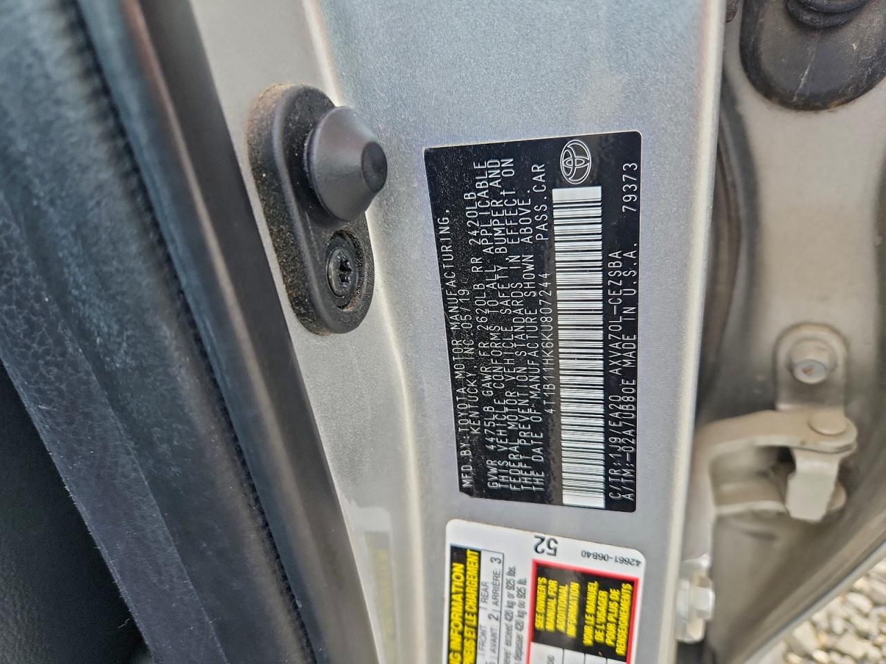 2019 Toyota Camry L VIN: 4T1B11HK6KU807244 Lot: 93714015