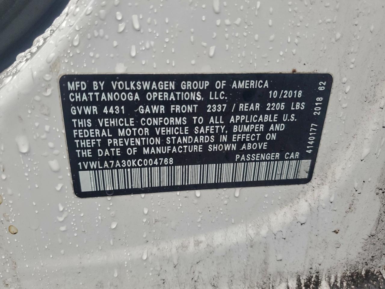 2019 Volkswagen Passat Wolfsburg VIN: 1VWLA7A30KC004768 Lot: 94683185
