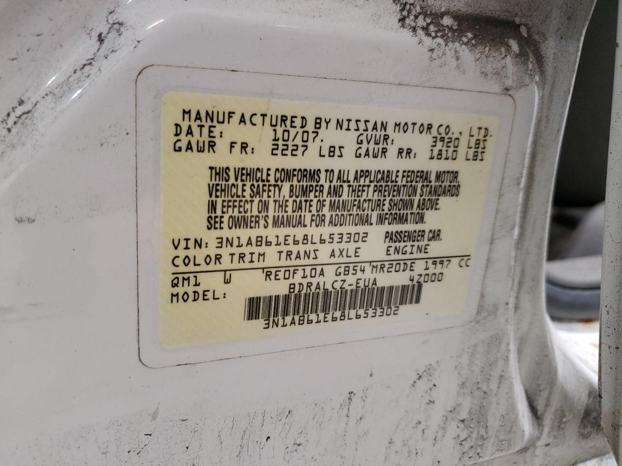 2008 Nissan Sentra 2.0 VIN: 3N1AB61E68L653302 Lot: 91743705