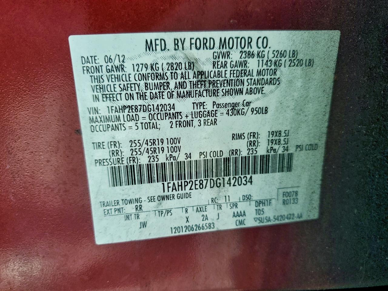 2013 Ford Taurus Sel VIN: 1FAHP2E87DG142034 Lot: 93849985