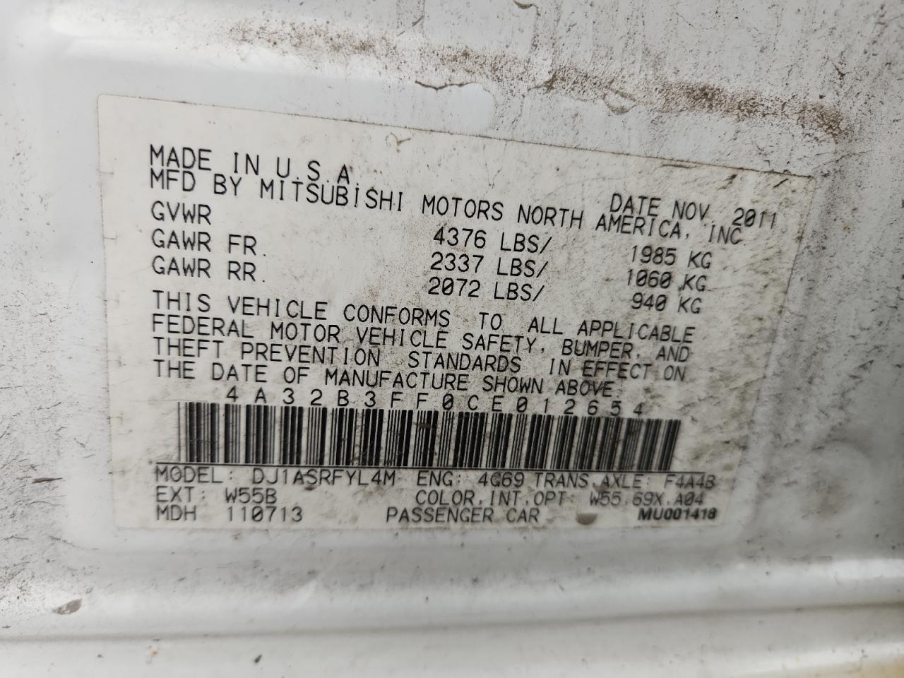 2012 Mitsubishi Galant Es VIN: 4A32B3FF0CE012654 Lot: 93425205