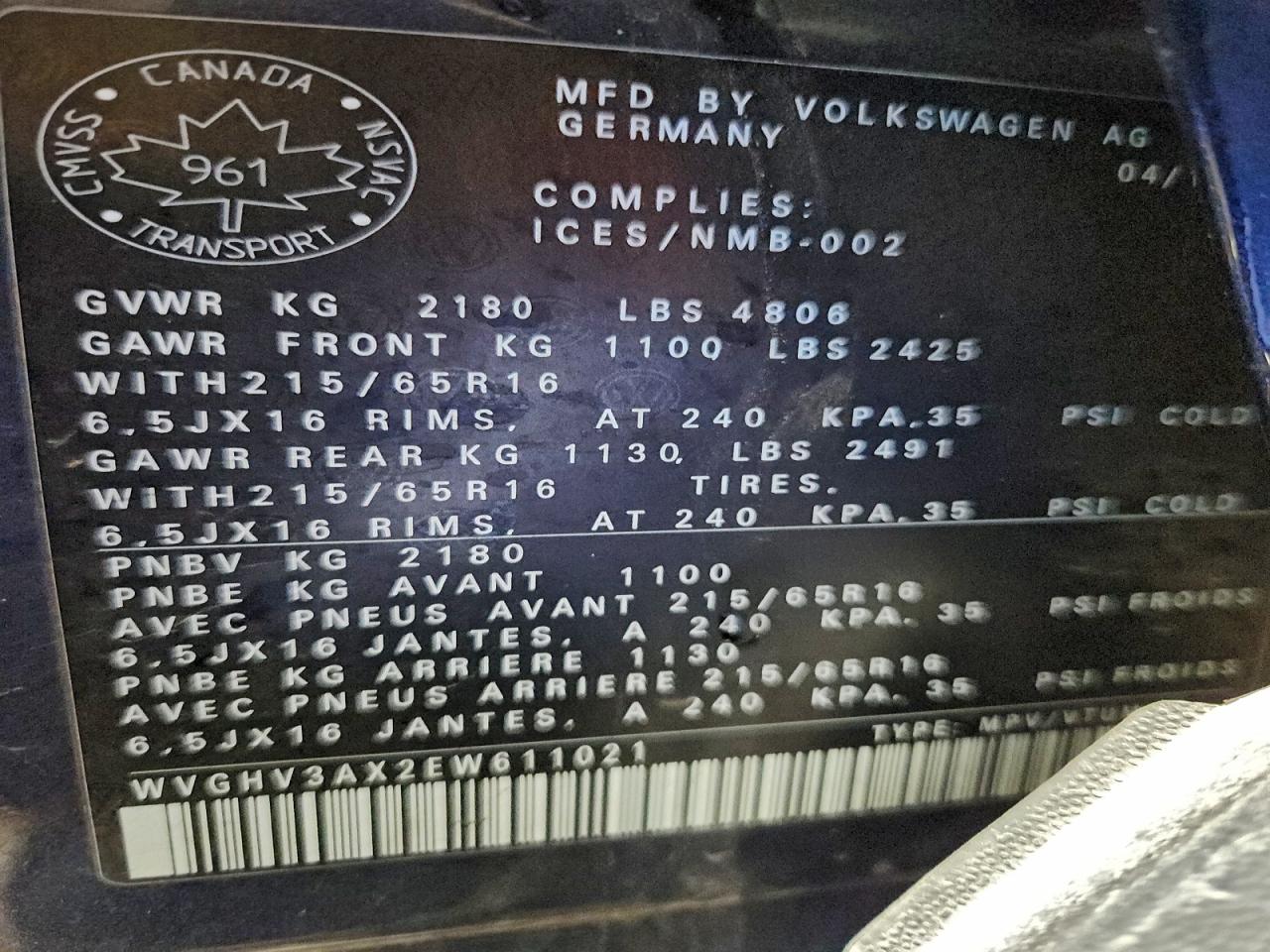 2014 Volkswagen Tiguan S VIN: WVGHV3AX2EW611021 Lot: 94286455