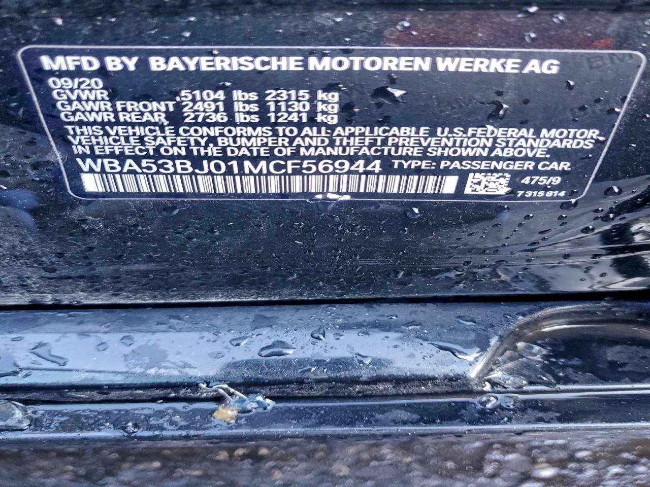 2021 BMW 540 I VIN: WBA53BJ01MCF56944 Lot: 94408545