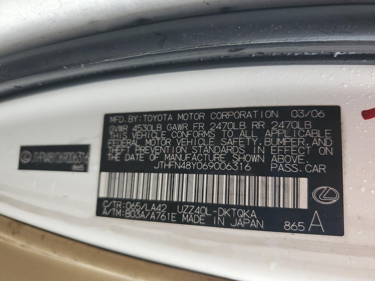 2006 Lexus Sc 430 VIN: JTHFN48Y069006316 Lot: 94794995