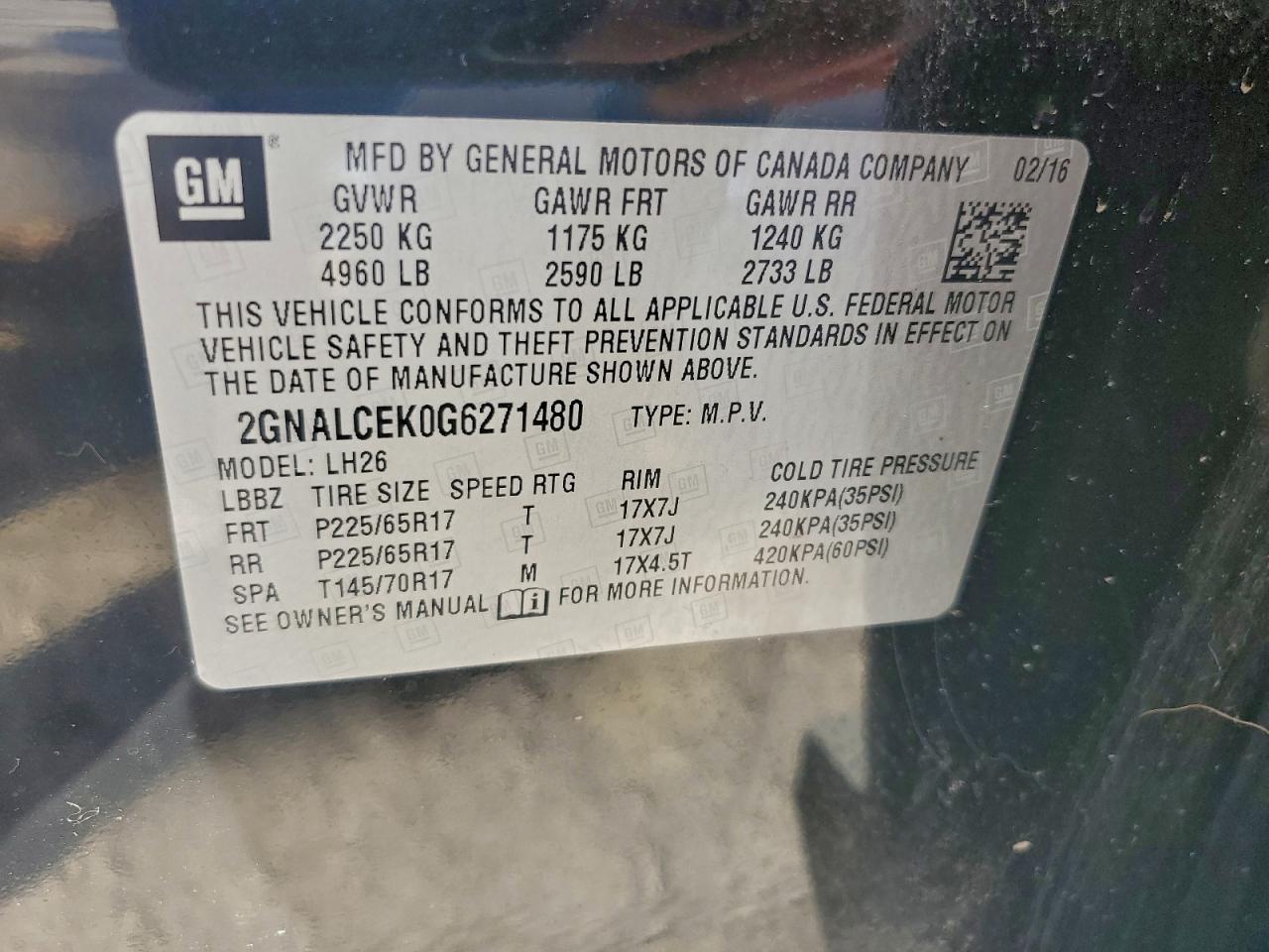 2016 Chevrolet Equinox Lt VIN: 2GNALCEK0G6271480 Lot: 94518895