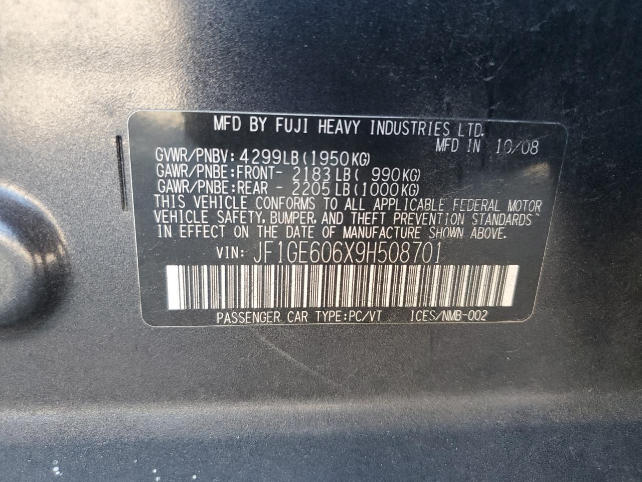 2009 Subaru Impreza 2.5I Premium VIN: JF1GE606X9H508701 Lot: 91299185