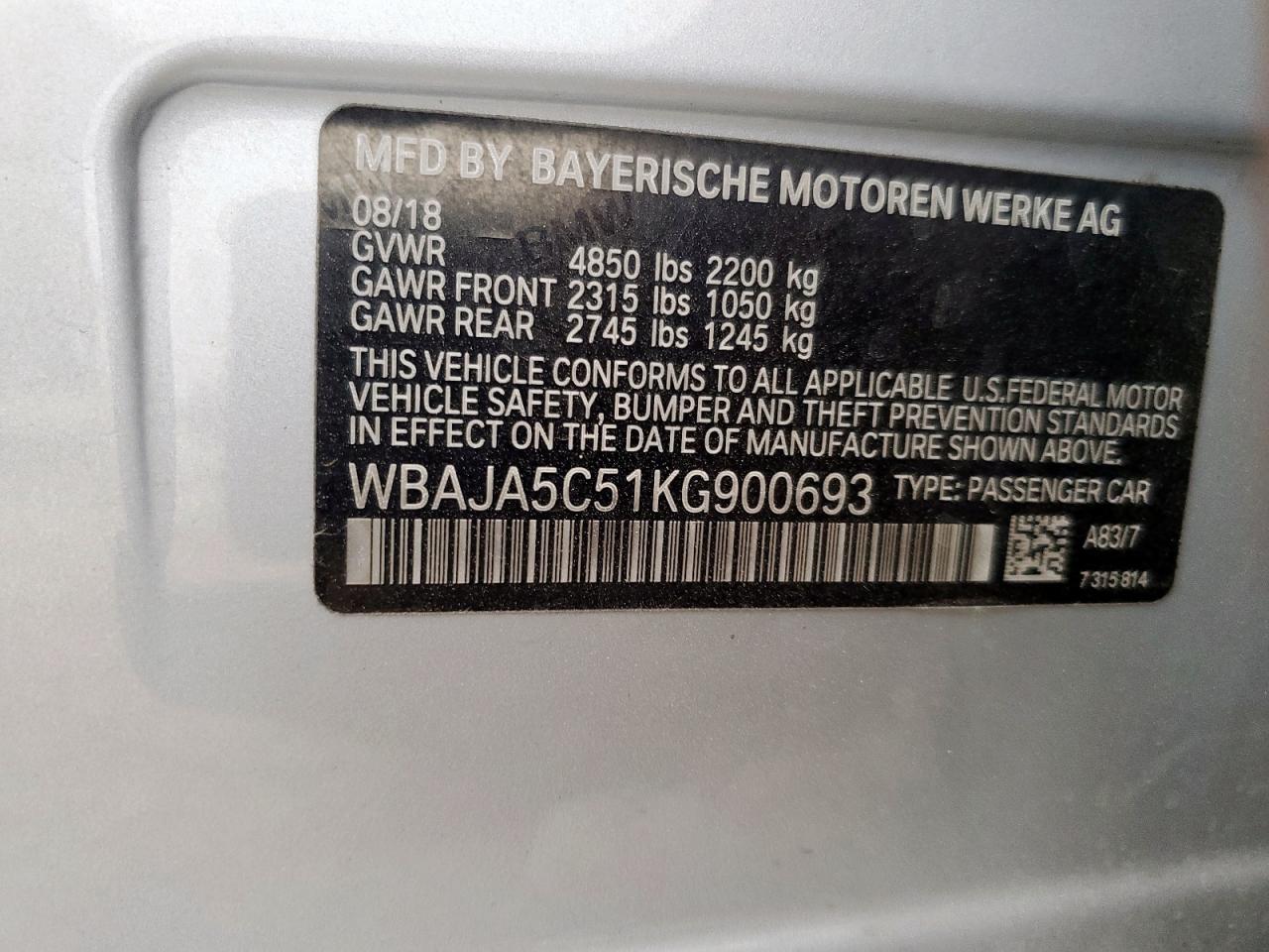 2019 BMW 530 I VIN: WBAJA5C51KG900693 Lot: 93027305