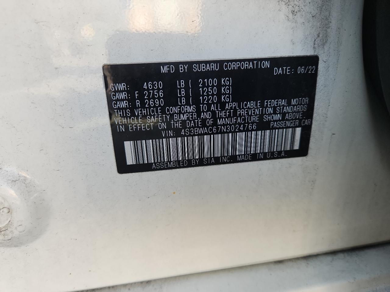 2022 Subaru Legacy Premium VIN: 4S3BWAC67N3024766 Lot: 92600935