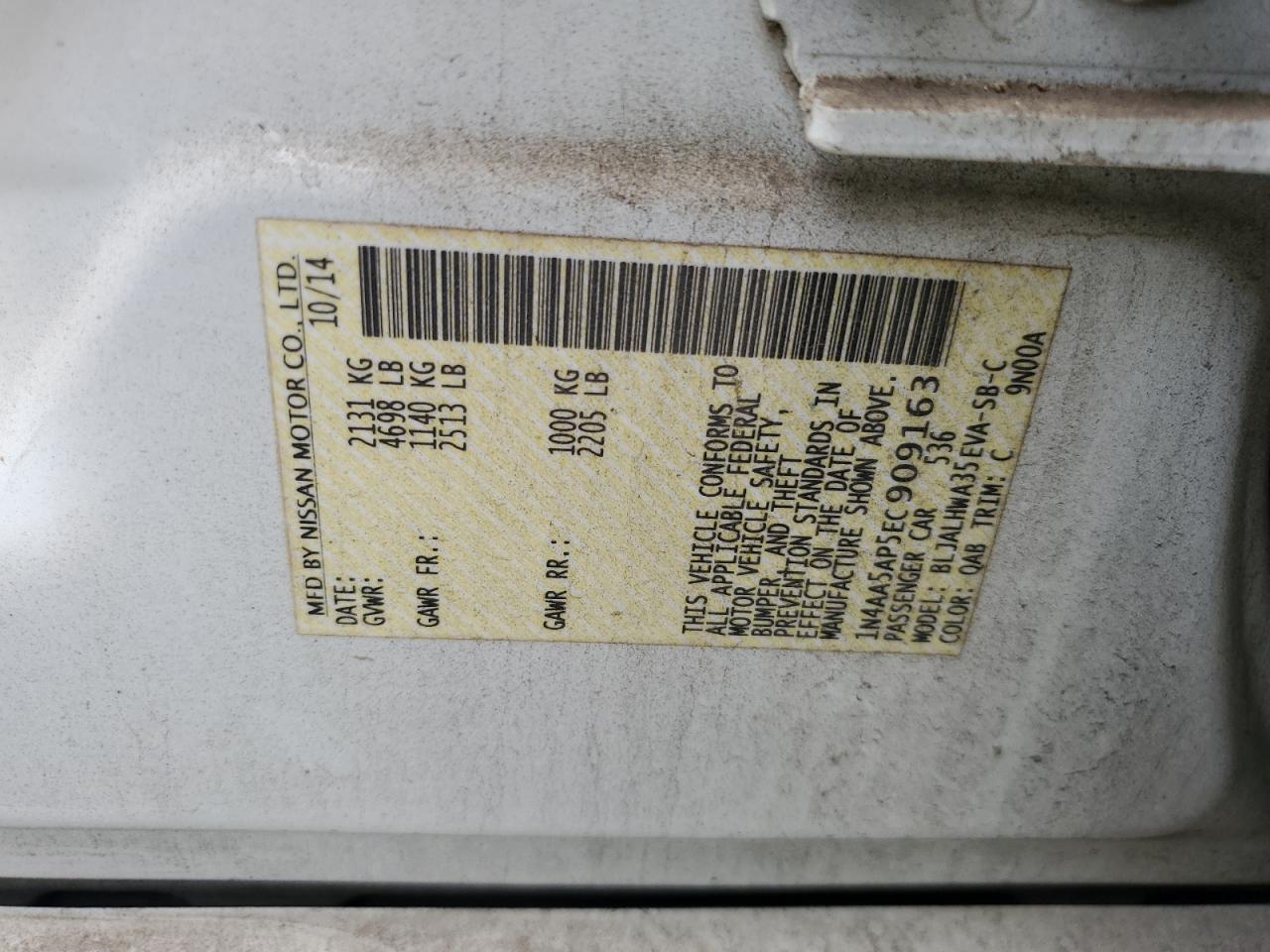 2014 Nissan Maxima S VIN: 1N4AA5AP5EC909163 Lot: 92793355