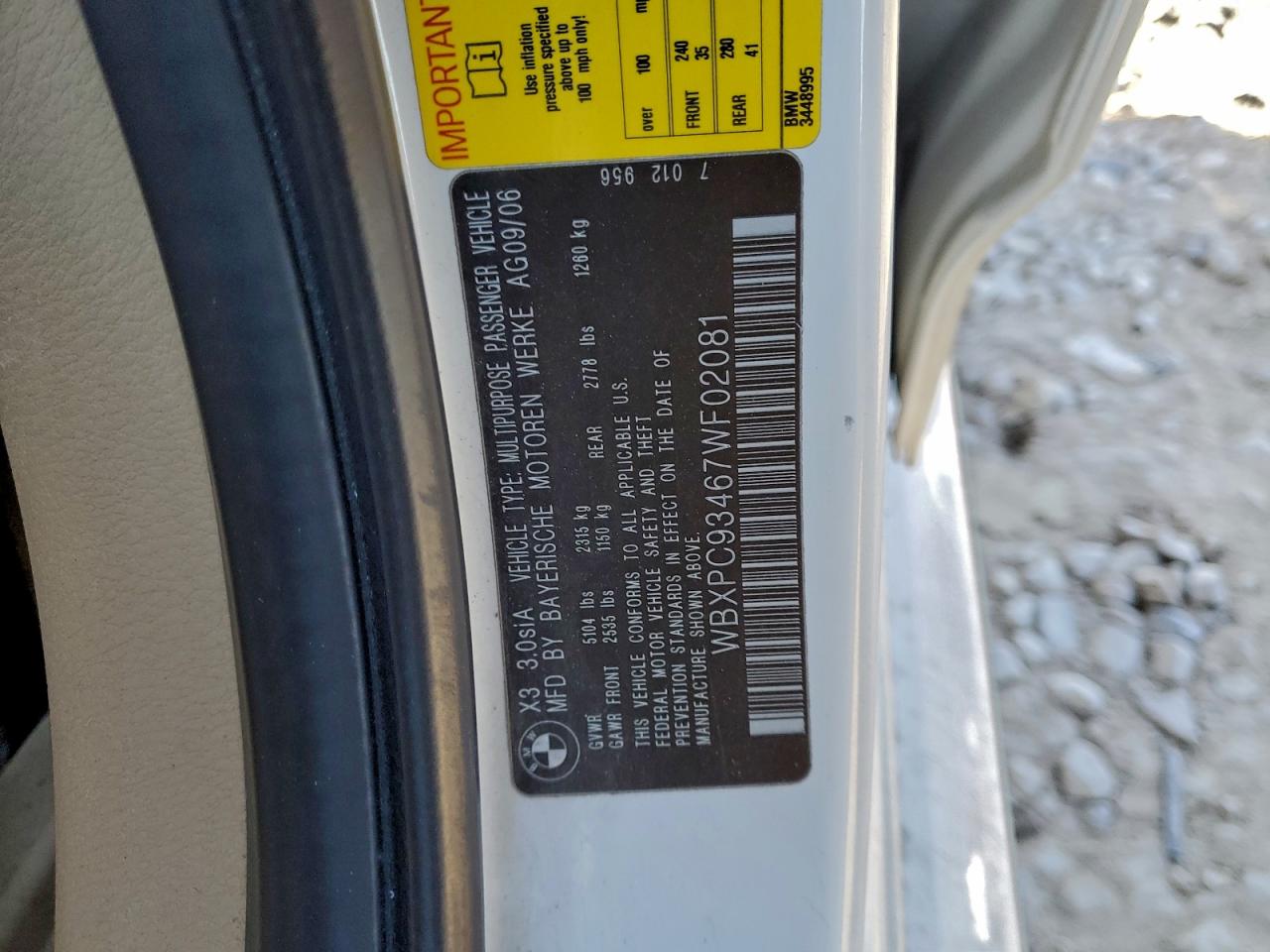 2007 BMW X3 3.0Si VIN: WBXPC93467WF02081 Lot: 93860665