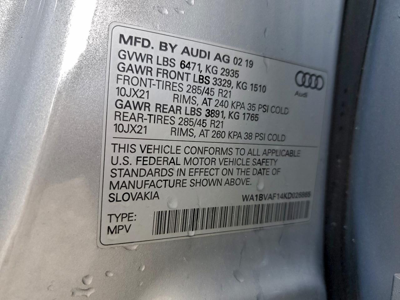 2019 Audi Q8 Premium Plus VIN: WA1BVAF14KD026865 Lot: 94329105