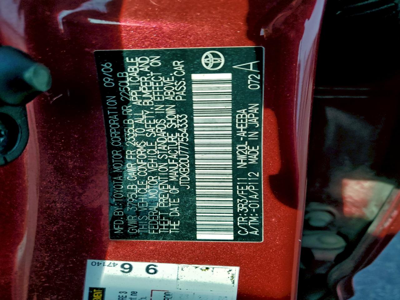 2007 Toyota Prius VIN: JTDKB20U777554333 Lot: 93548975