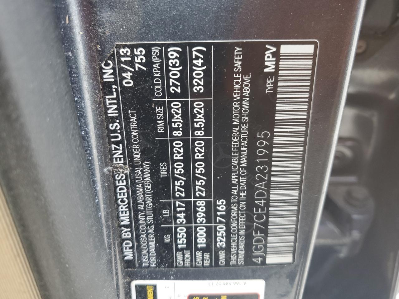 2013 Mercedes-Benz Gl 450 4Matic VIN: 4JGDF7CE4DA231995 Lot: 93847005