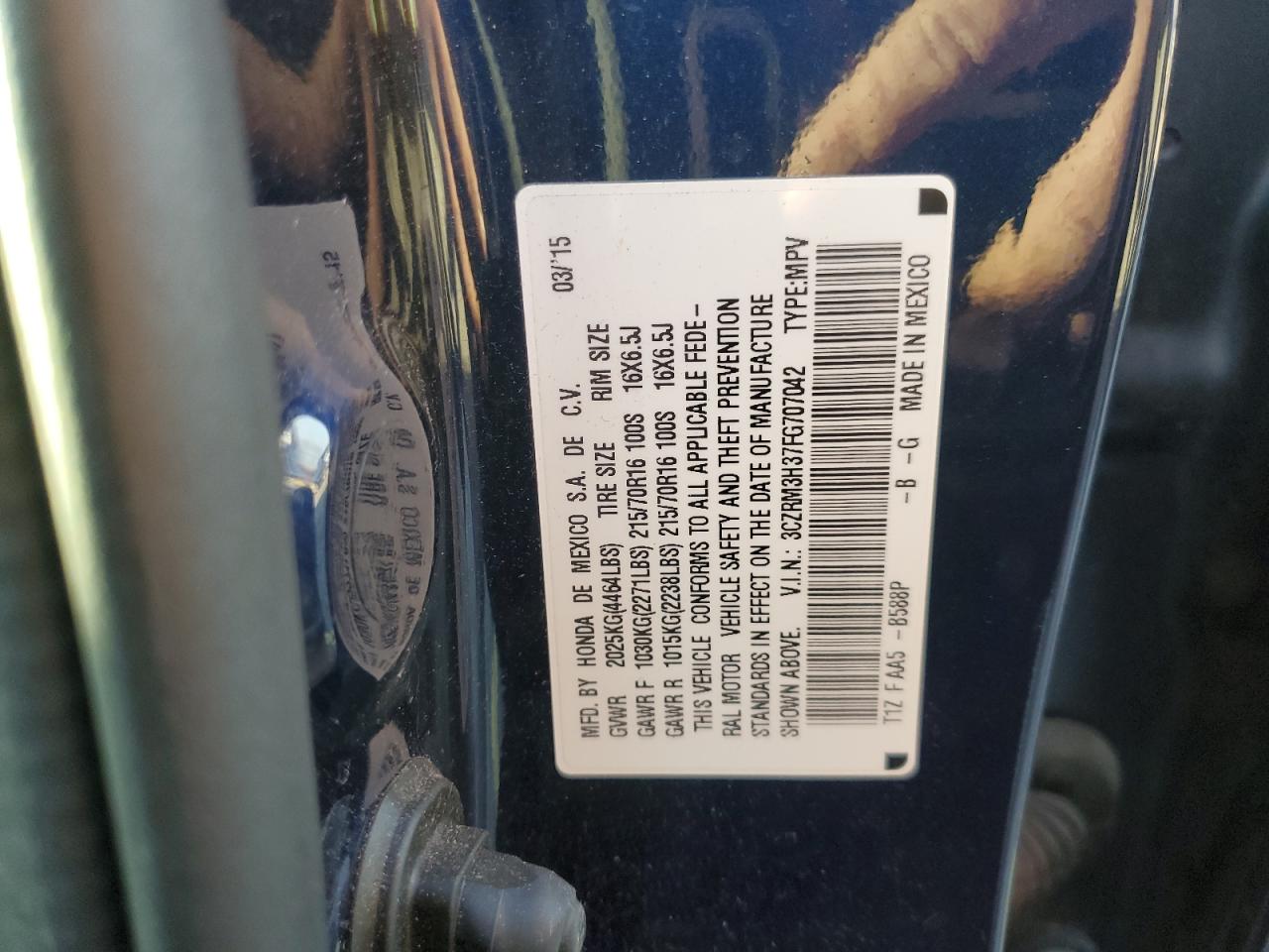 2015 Honda Cr-V Lx VIN: 3CZRM3H37FG707042 Lot: 91972285