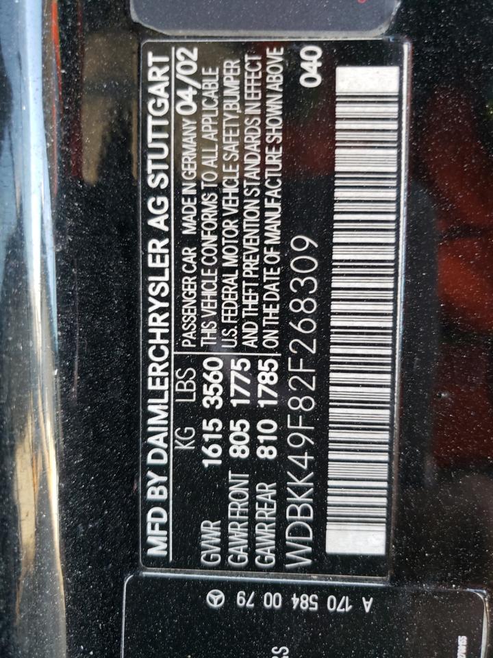 2002 Mercedes-Benz Slk 230 Kompressor VIN: WDBKK49F82F268309 Lot: 93065065