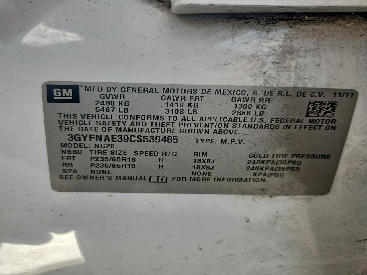 2012 Cadillac Srx Luxury Collection VIN: 3GYFNAE39CS539485 Lot: 94137925