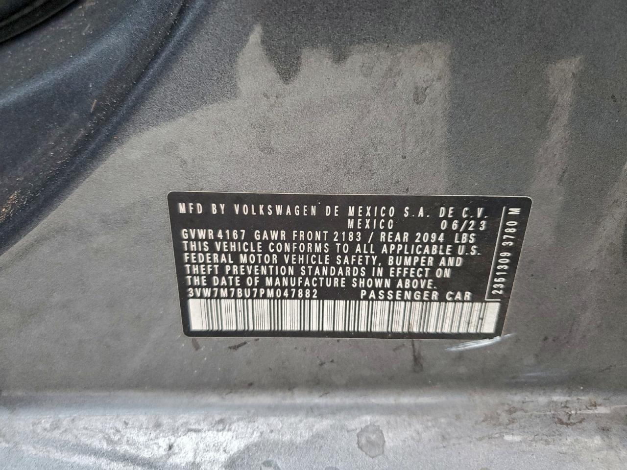 2023 Volkswagen Jetta Se VIN: 3VW7M7BU7PM047882 Lot: 94196245