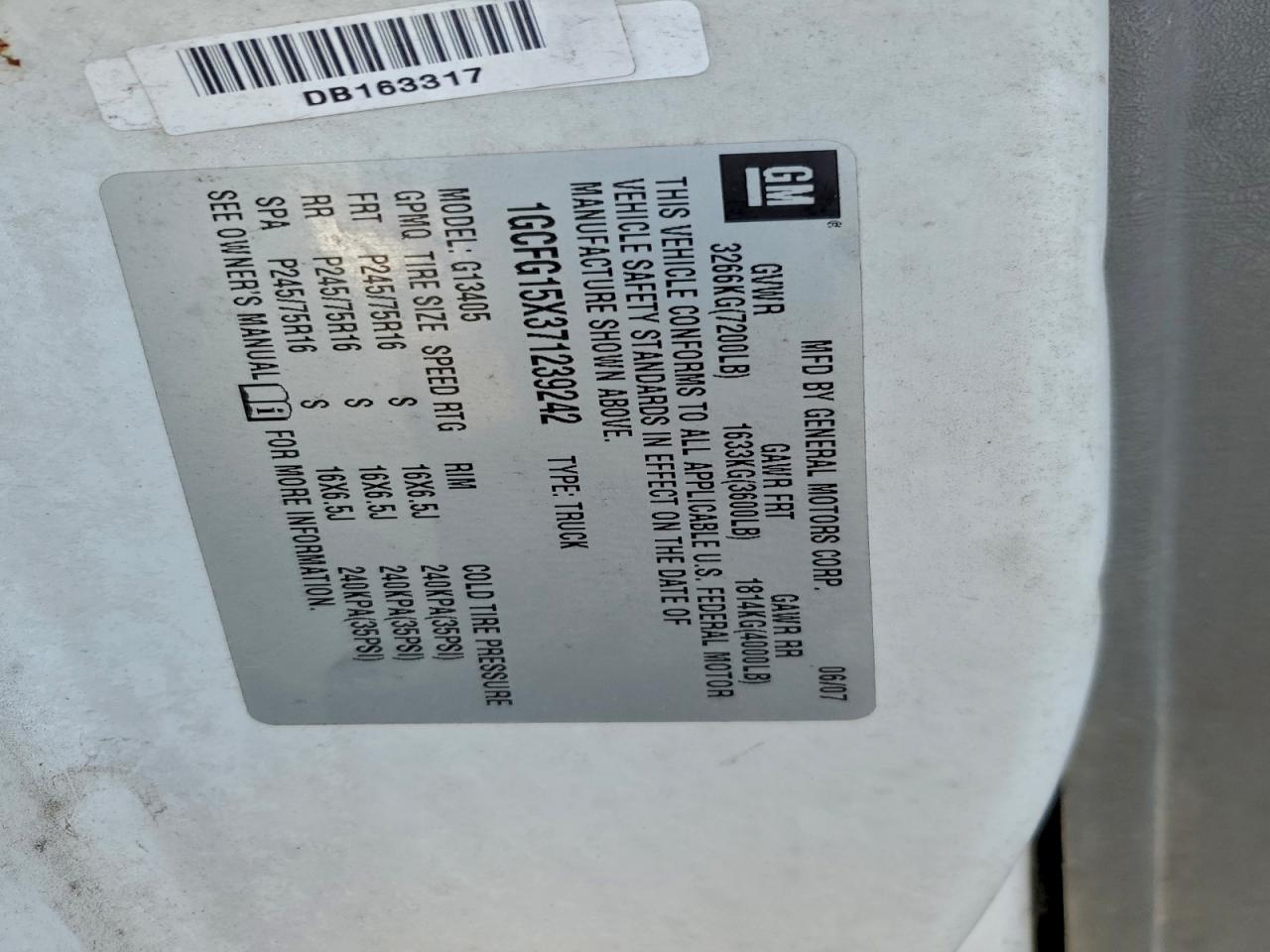 2007 Chevrolet Express G1500 VIN: 1GCFG15X371239242 Lot: 94674565