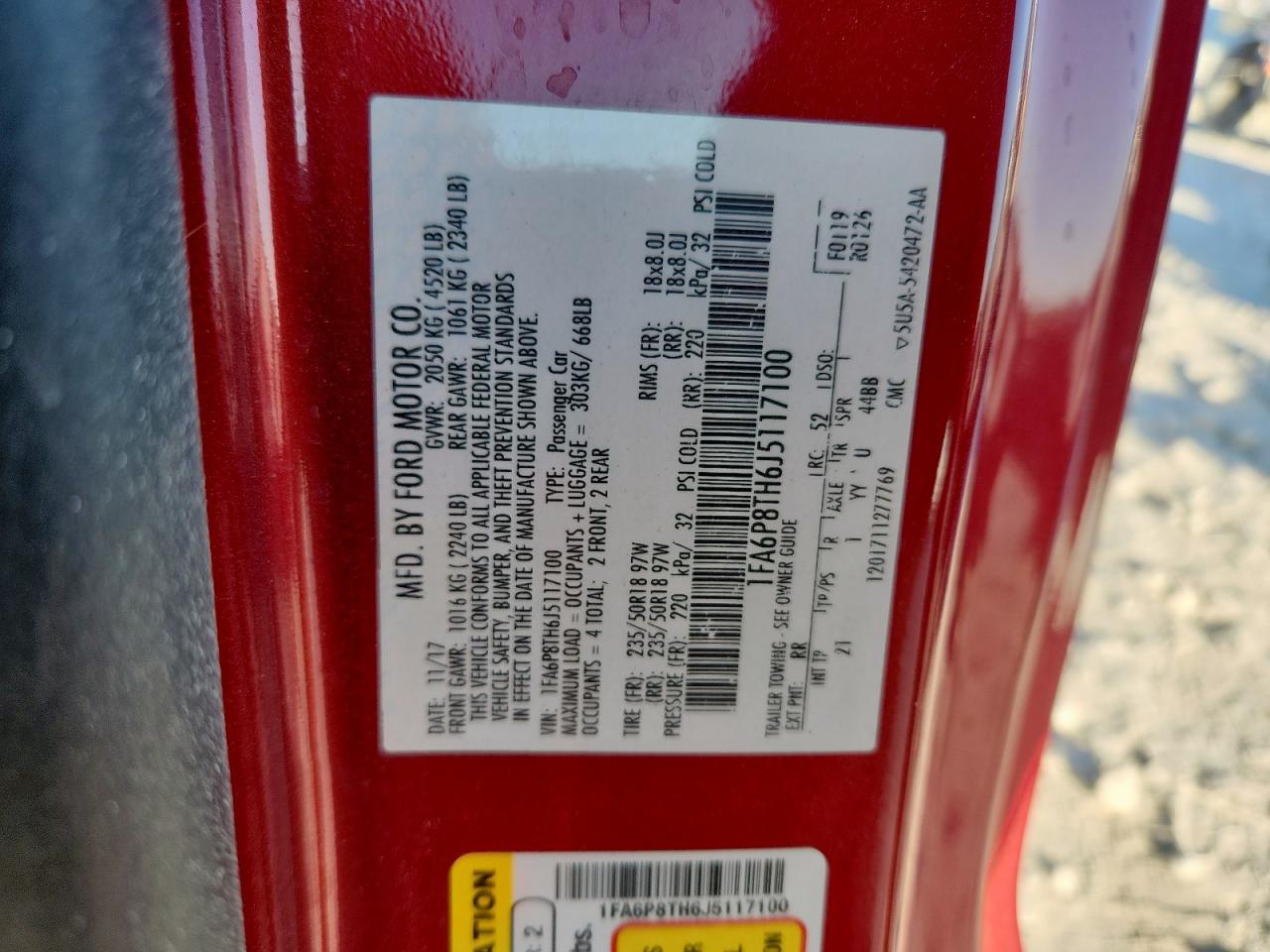 2018 Ford Mustang VIN: 1FA6P8TH6J5117100 Lot: 91931535